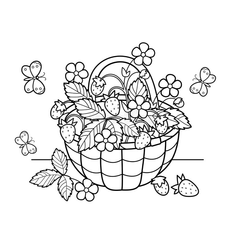 coloring page outline of cartoon basket of berries garden