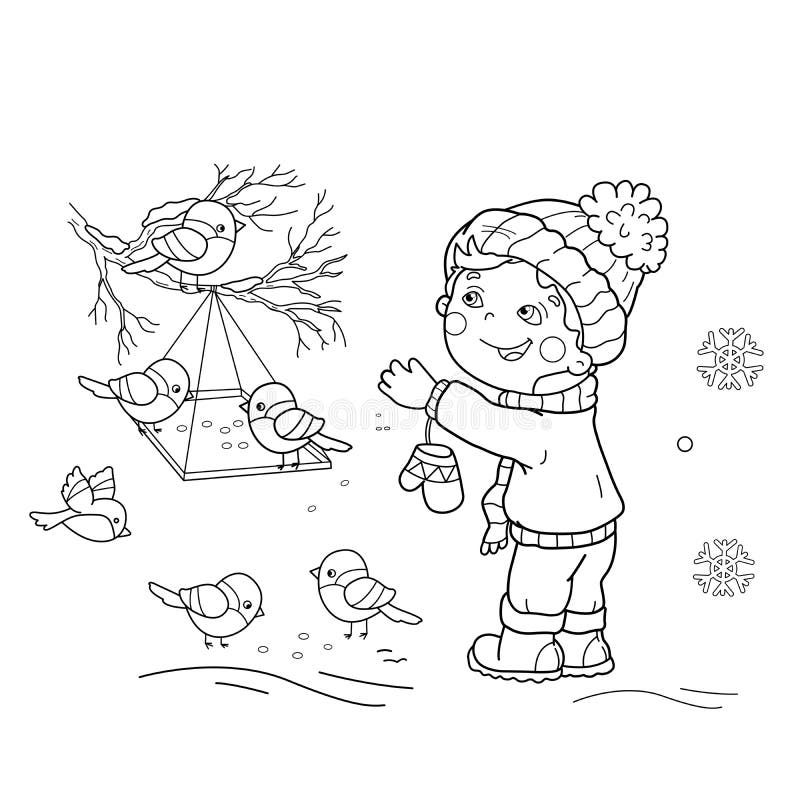 Download Coloring Page Outline Of Cartoon Boy Feeding Birds. Bird ...