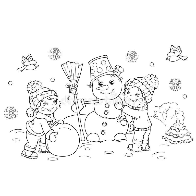 Cute Happy Little Boy and Girl Making Snowman on Christmas Holiday Cartoon  Coloring Set Pages for Kids and Adult