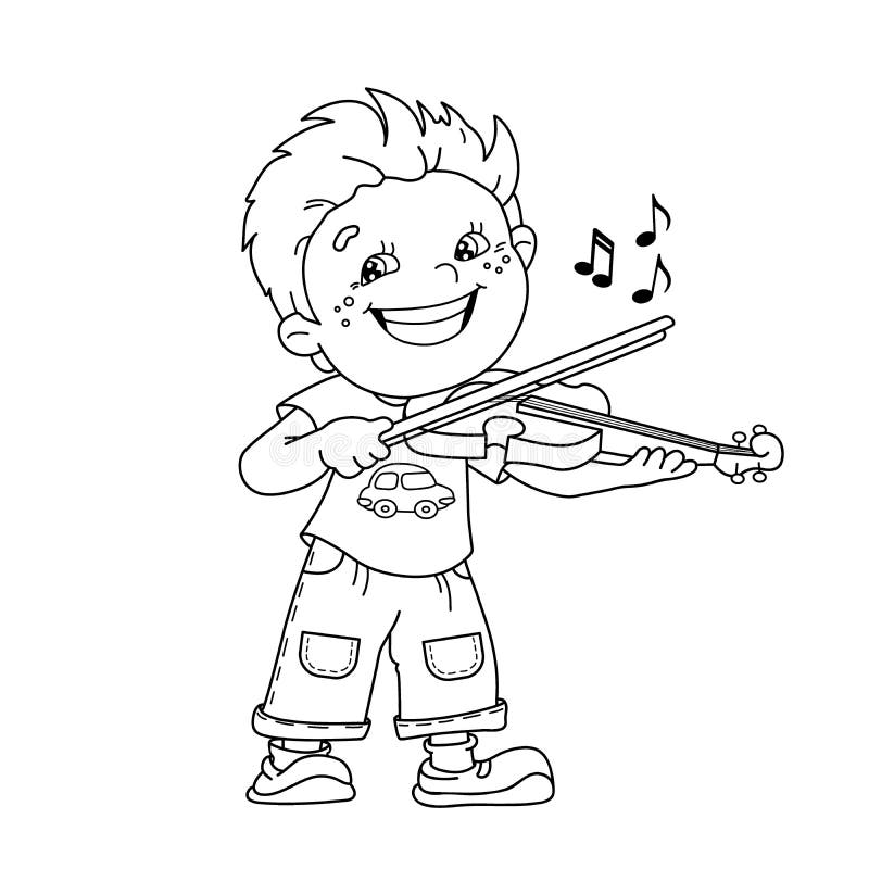 Coloring Page Outline of Cartoon Boy Playing the Violin. Stock Vector