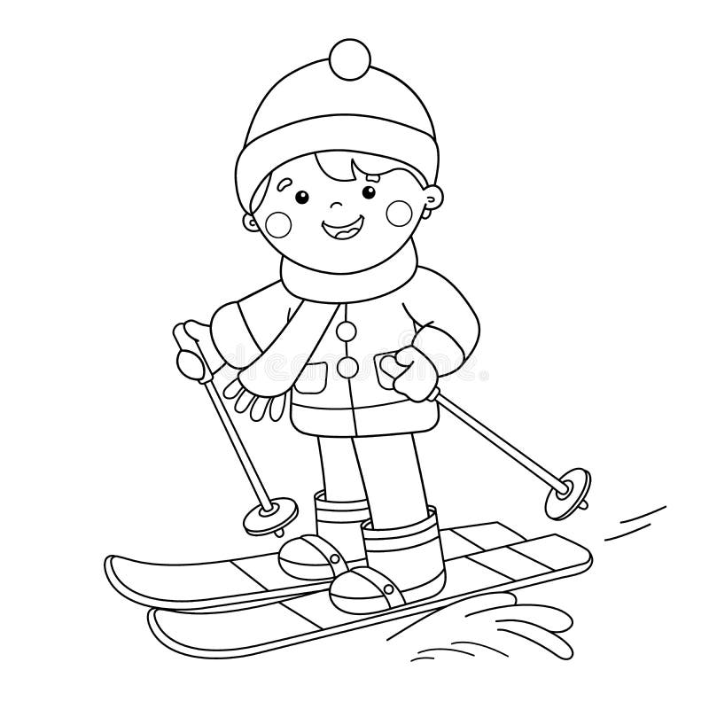 Coloring Page Outline Of Cartoon Girl Skiing Winter Sports Coloring ...