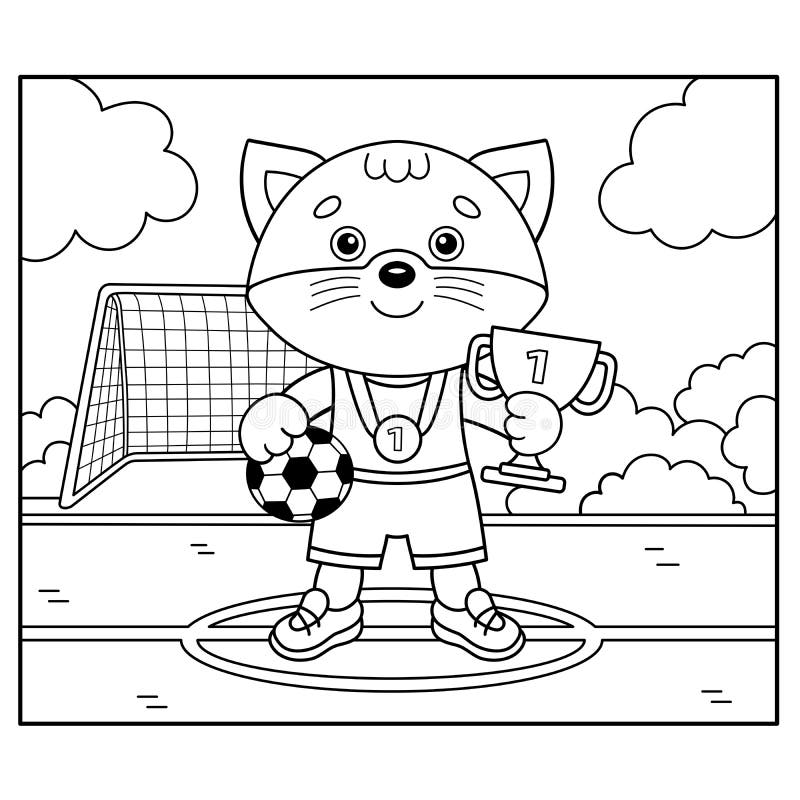 Coloring Page Outline Of cartoon cat with soccer cup and ball. Champion or winner of football game. Coloring Book for kids