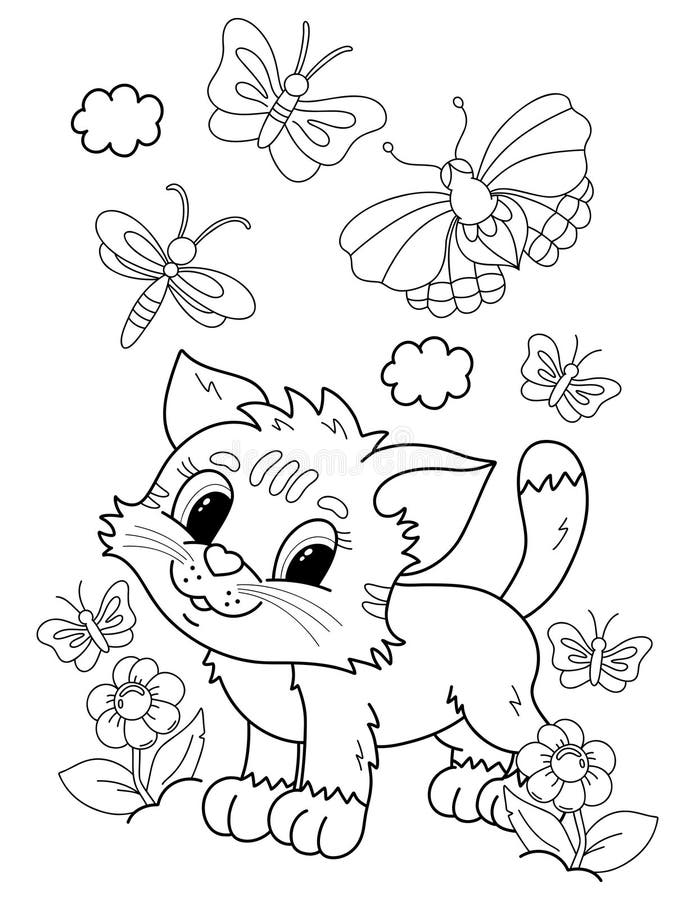 Coloring Page Outline of Cartoon Cute Cat and Butterflies. Animal ...