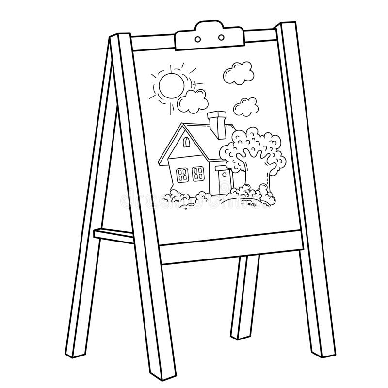 Coloring Page Outline of Cartoon Easel with Drawing of Cute House