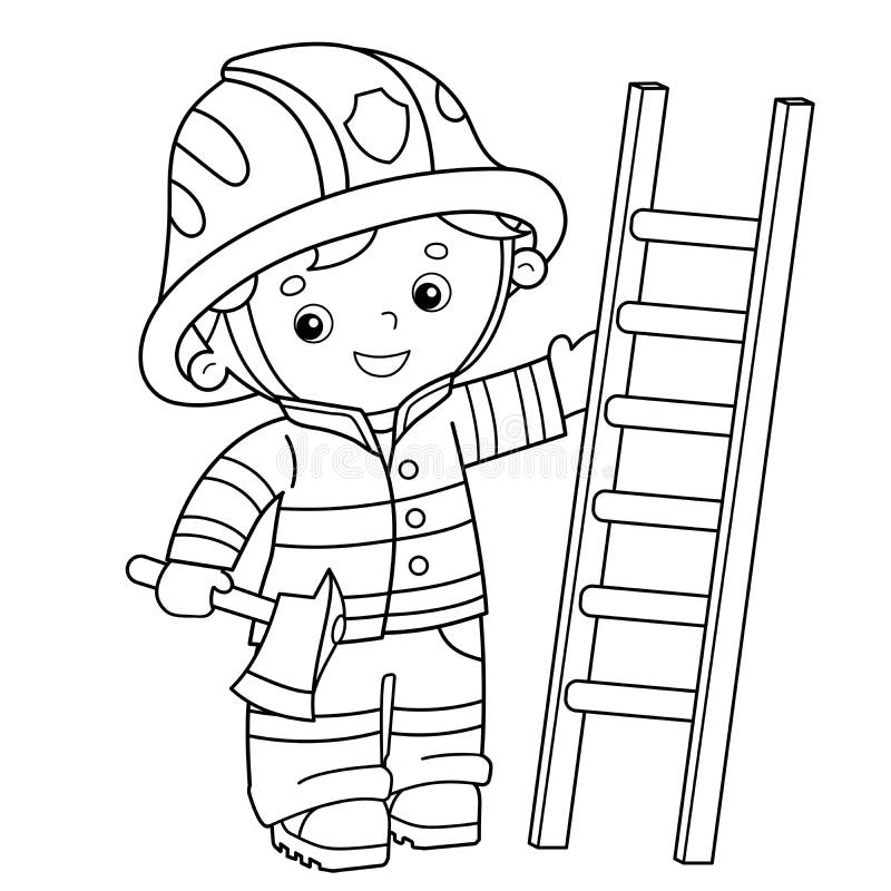 Coloring Page Outline of Cartoon Fireman or Firefighter with a Fire ...