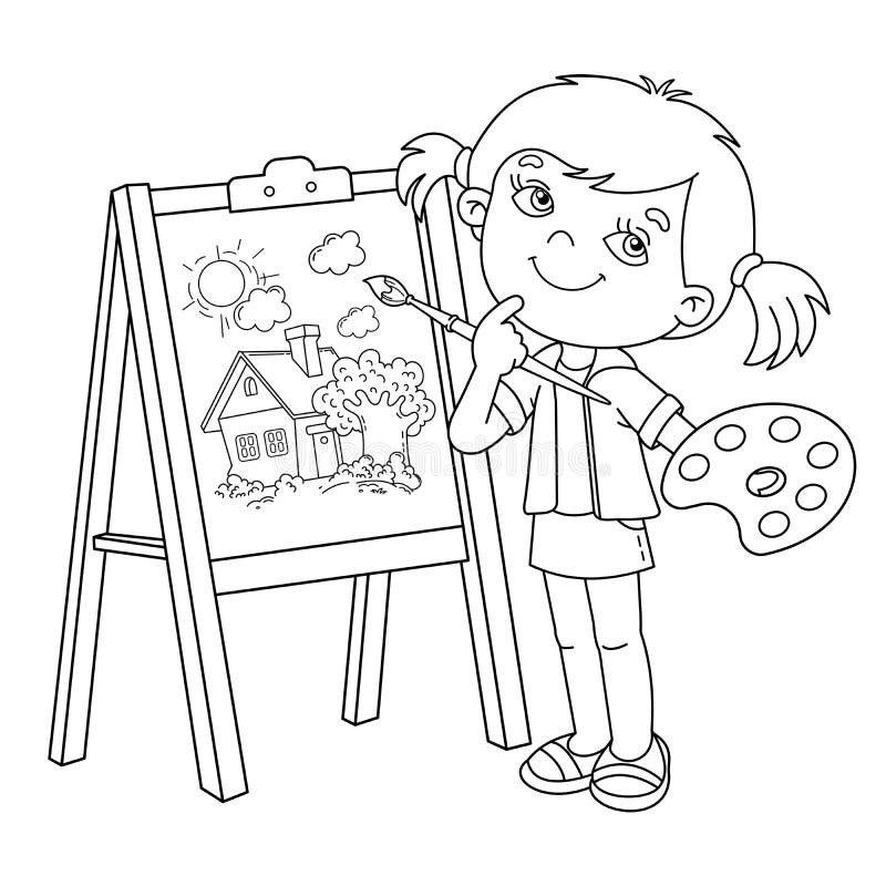 https://thumbs.dreamstime.com/b/coloring-page-outline-cartoon-girl-brush-paints-little-artist-easel-drawing-cute-house-book-kids-231850346.jpg