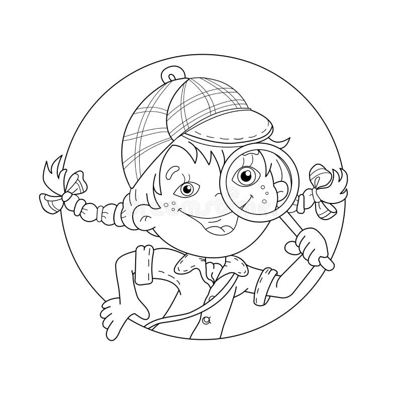 Coloring Page Outline Of Cartoon Girl Detective With Loupe Stock Vector