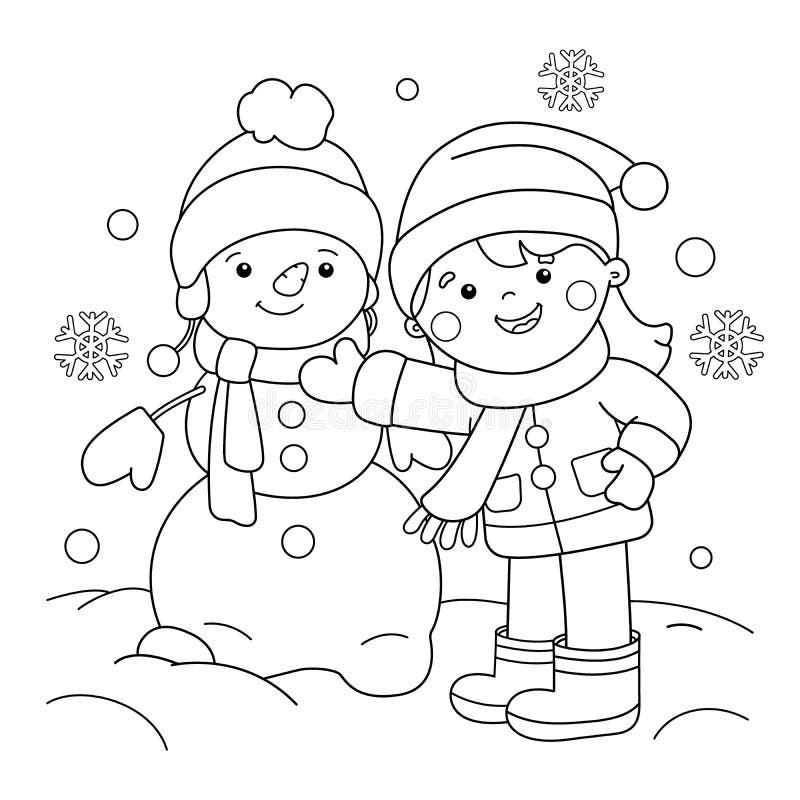 Coloring Page Outline of Cartoon Girl Making Snowman. Winter Stock ...