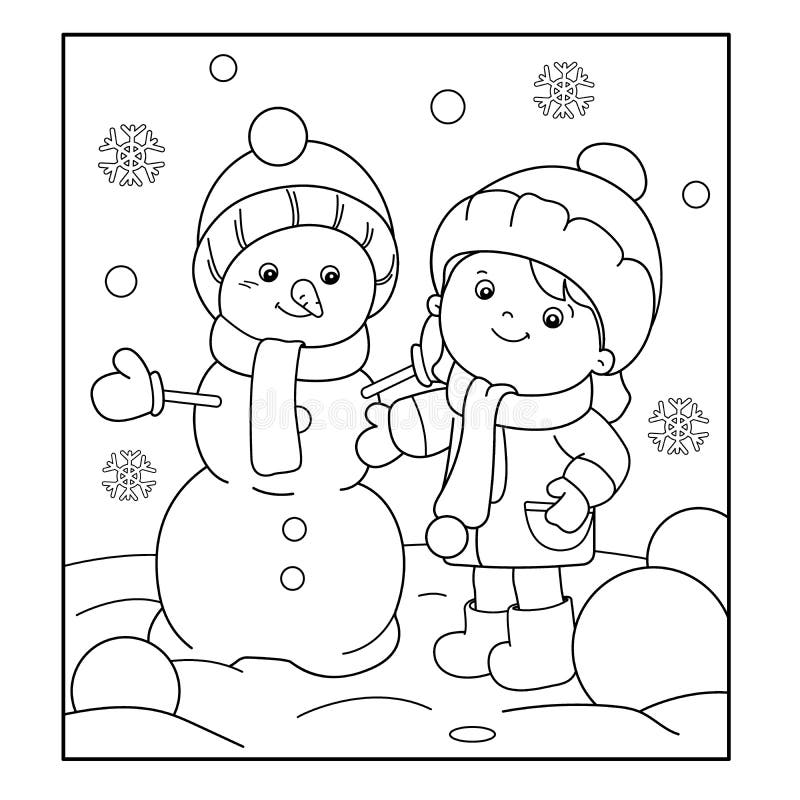 Coloring Page Outline of Cartoon Girl Making Snowman. Stock Vector