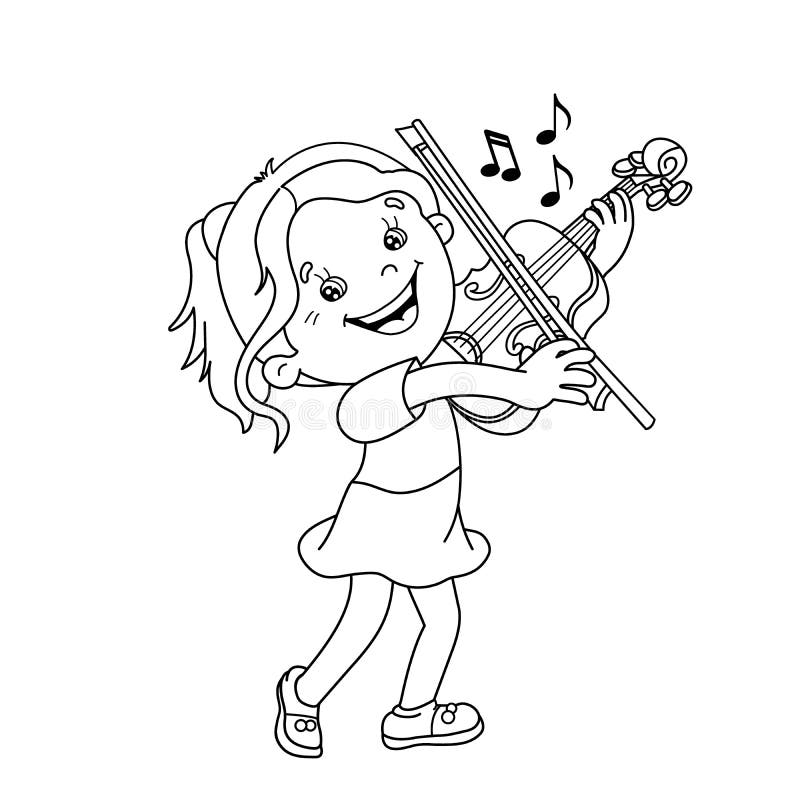 Coloring Page Outline of Cartoon Girl Playing the Violin. Stock Vector