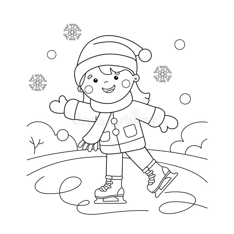 Coloring Page Outline Of cartoon girl skating. Winter sports. Coloring book for kids