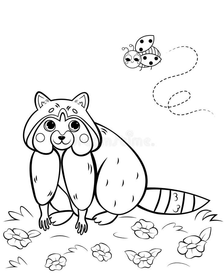 coloring page outline of cute cartoon raccoon with ladybug