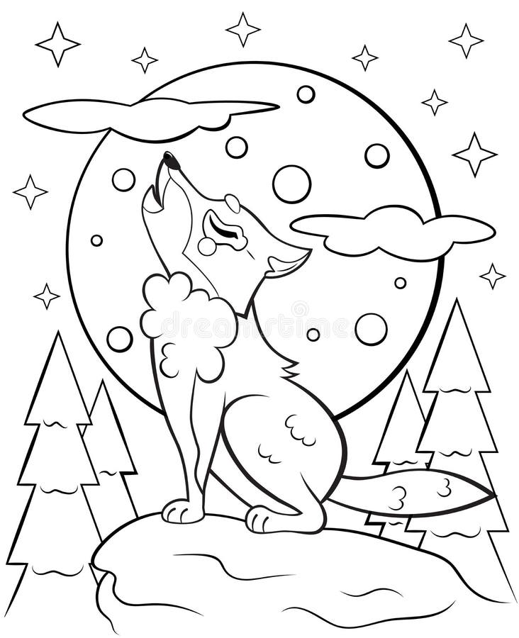 coloring page outline of cute cartoon wolf howling at the