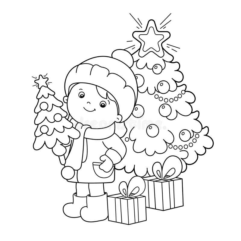 Coloring Page Outline Of girl with gifts at Christmas tree. Christmas. New year