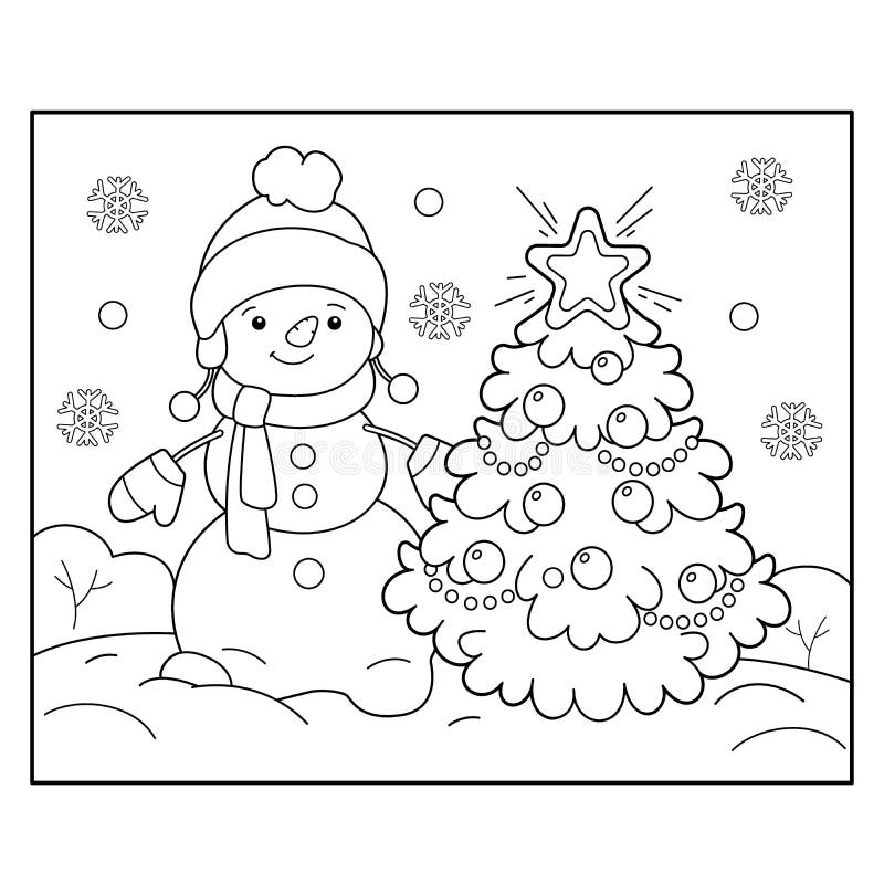 coloring page outline of snowman with christmas tree