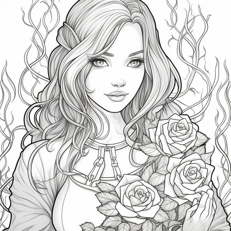 Coloring Page Girl Curly Hair Stock Illustrations – 187 Coloring Page ...