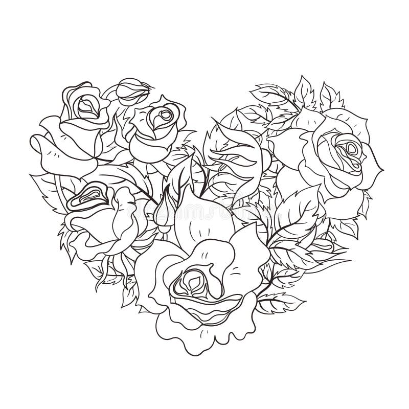 Coloring Page with Roses in the Shape of a Heart. Vector Graphics Stock ...