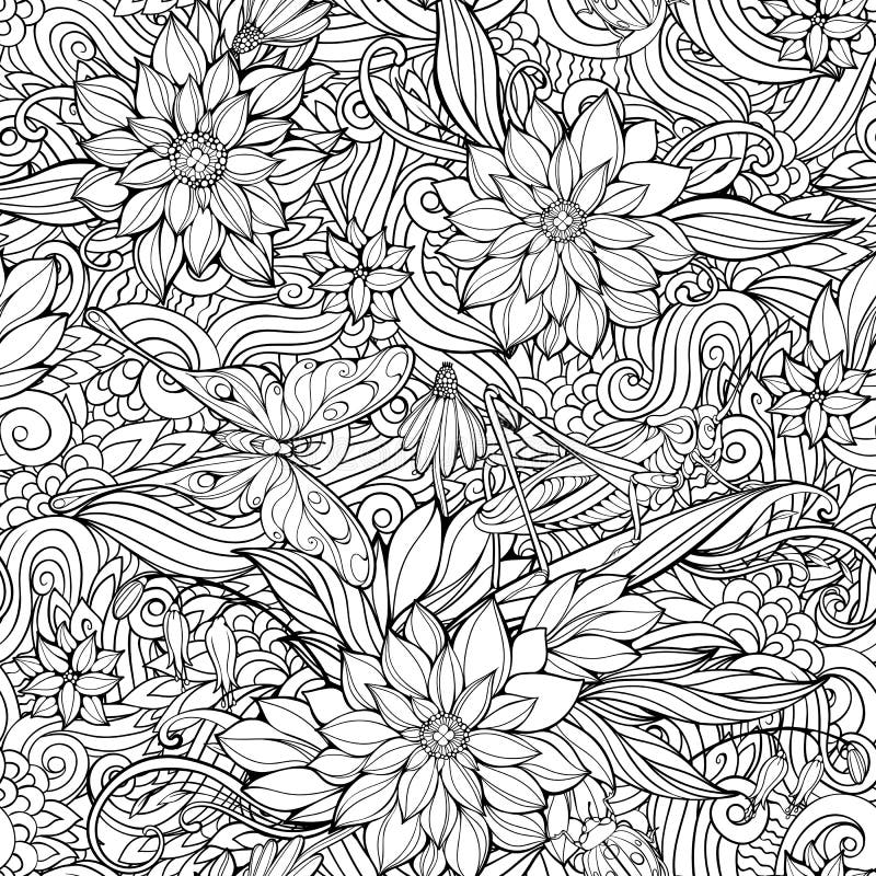 Coloring page with seamless pattern of flowers, butterflies and stock illustration