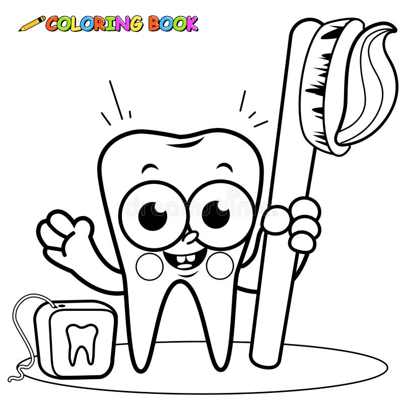 Coloring Page Tooth Cartoon Holding Toothbrush And Dental Floss Stock Vector Illustration Of Outlined Flossing 63412149