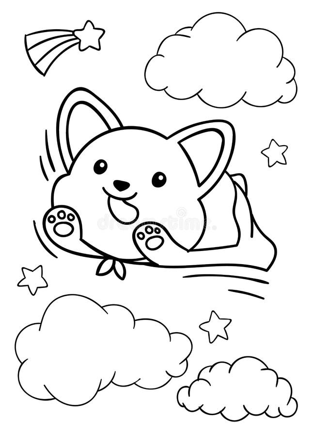 Coloring Pages, Black And White Cute Kawaii Hand Drawn Corgi Dog Super