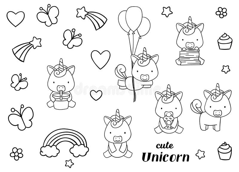 coloring pages black and white set cute kawaii hand drawn