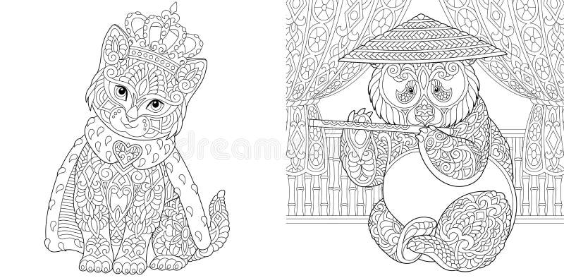 coloring pages with cat and panda bear stock vector