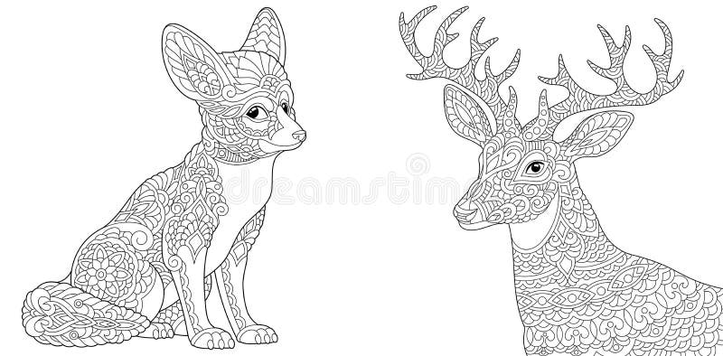 Coloring Pages with Fennec Fox and Reindeer Stock Vector ...