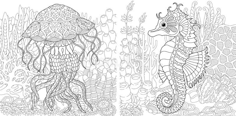 Coloring pages with jellyfish and seahorse