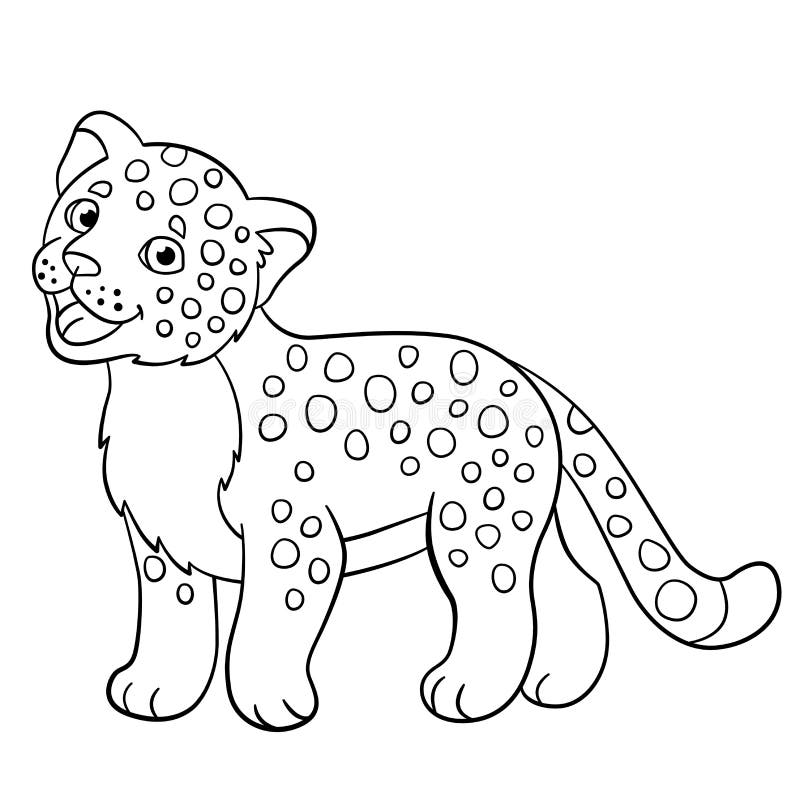 Coloring pages. Little cute spotted baby jaguar smiles.