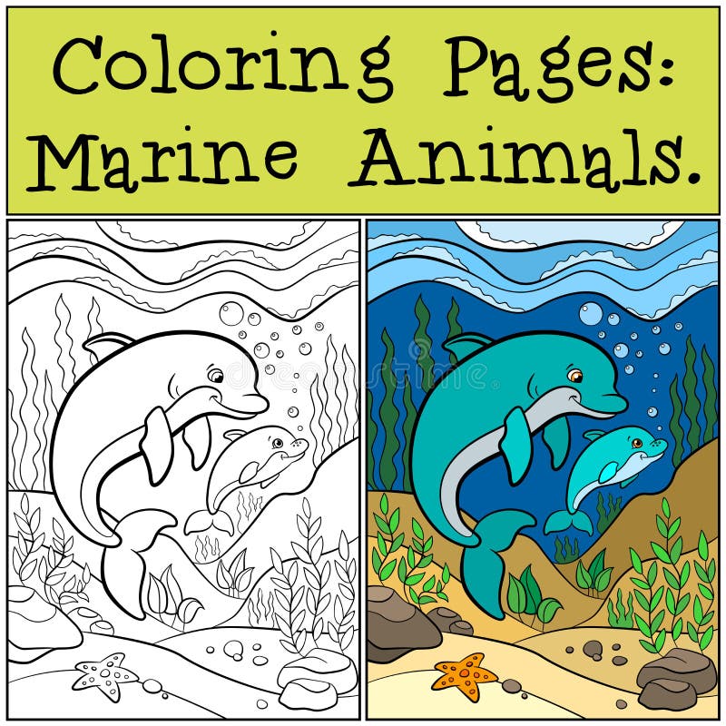 Coloring Pages: Marine Animals. Mother dolphin swims with baby