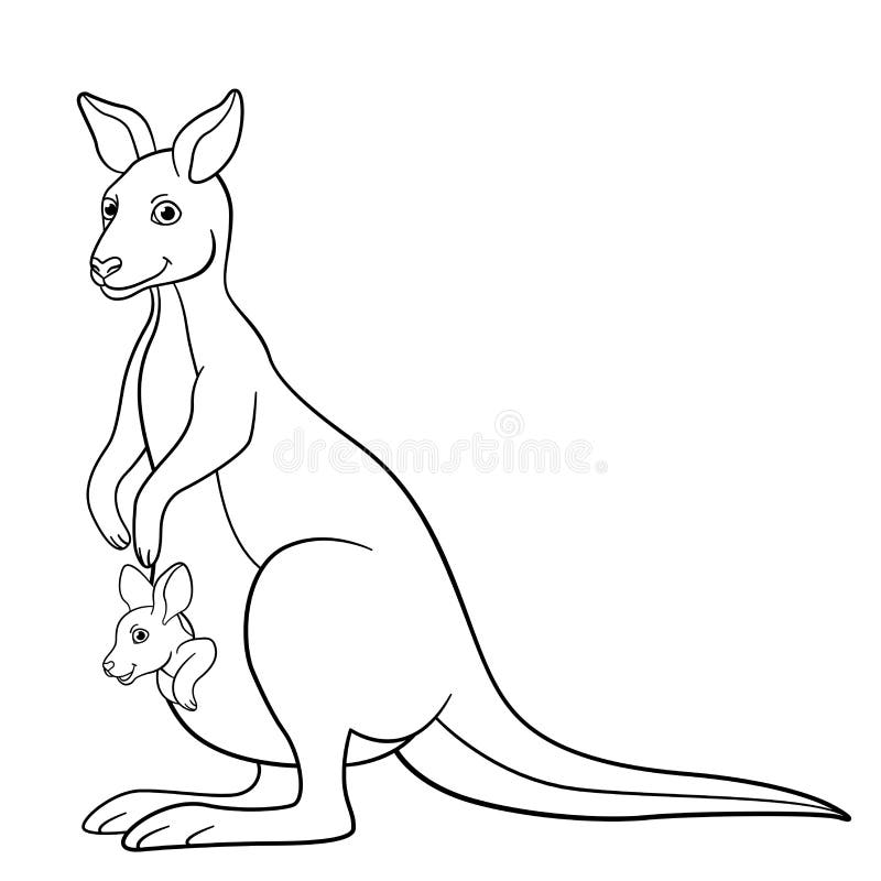 Coloring pages. Mother kangaroo with her little cute baby.