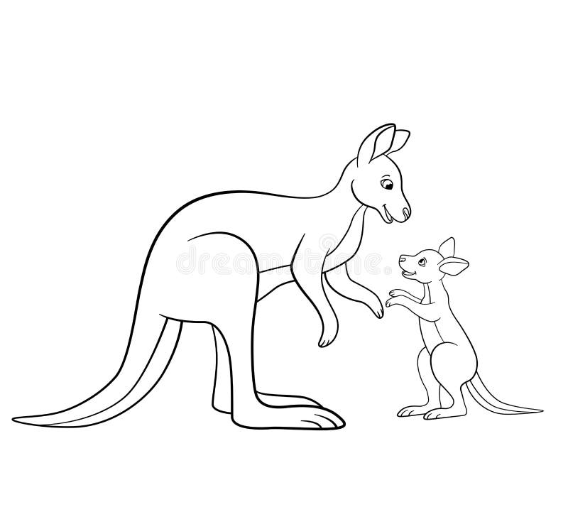 Coloring pages. Mother kangaroo with her little cute baby.