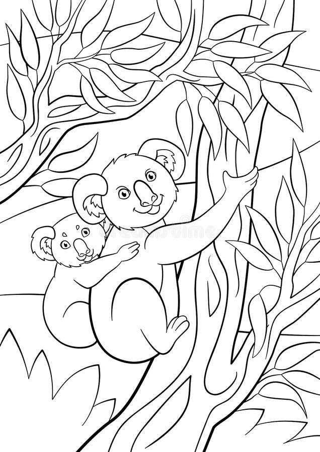 Coloring pages. Mother koala sits on the tree branch in the forest with her little cute baby and smiles. Coloring pages. Mother koala sits on the tree branch in the forest with her little cute baby and smiles.