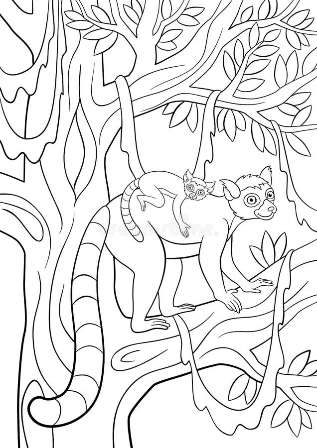 Coloring pages. Mother lemur stands on the tree branch in the forest with little cute baby on her back and smiles. Coloring pages. Mother lemur stands on the tree branch in the forest with little cute baby on her back and smiles.