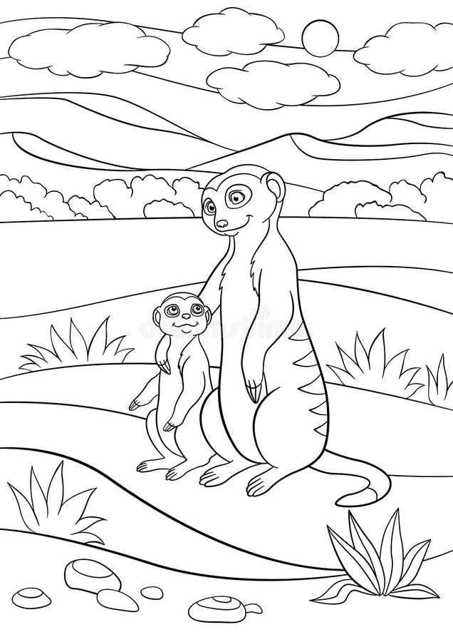 Coloring pages. Mother meerkat with her little cute baby.