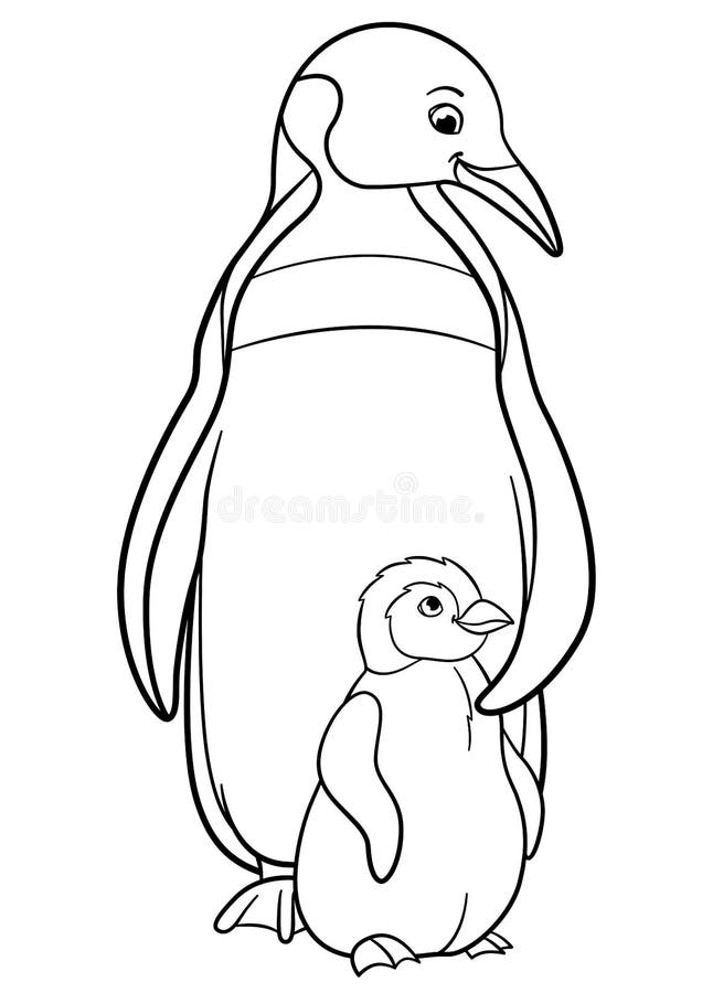 Coloring pages. Mother penguin with her little cute baby