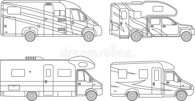 Coloring pages. Set of different silhouettes car, travel trailers flat linear icons on white background. Modern