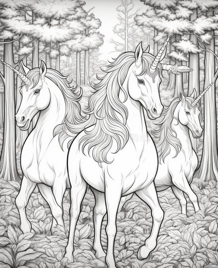 Coloring pages of a unicorn in a forest landscape