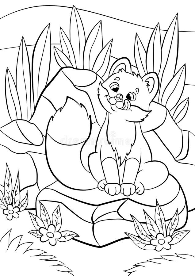 Coloring pages. Wild animals. Little cute baby fox looks at the bug in his nose and smiles. There are stones and grass around. Coloring pages. Wild animals. Little cute baby fox looks at the bug in his nose and smiles. There are stones and grass around.