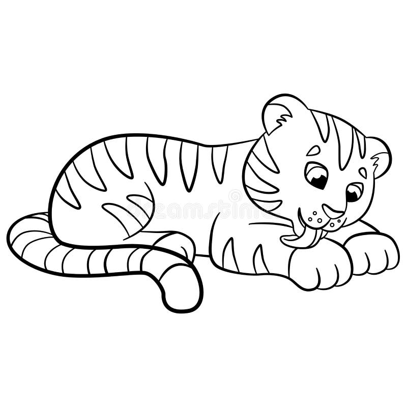 Coloring pages. Wild animals. Little cute baby tiger cleans himself and smiles.