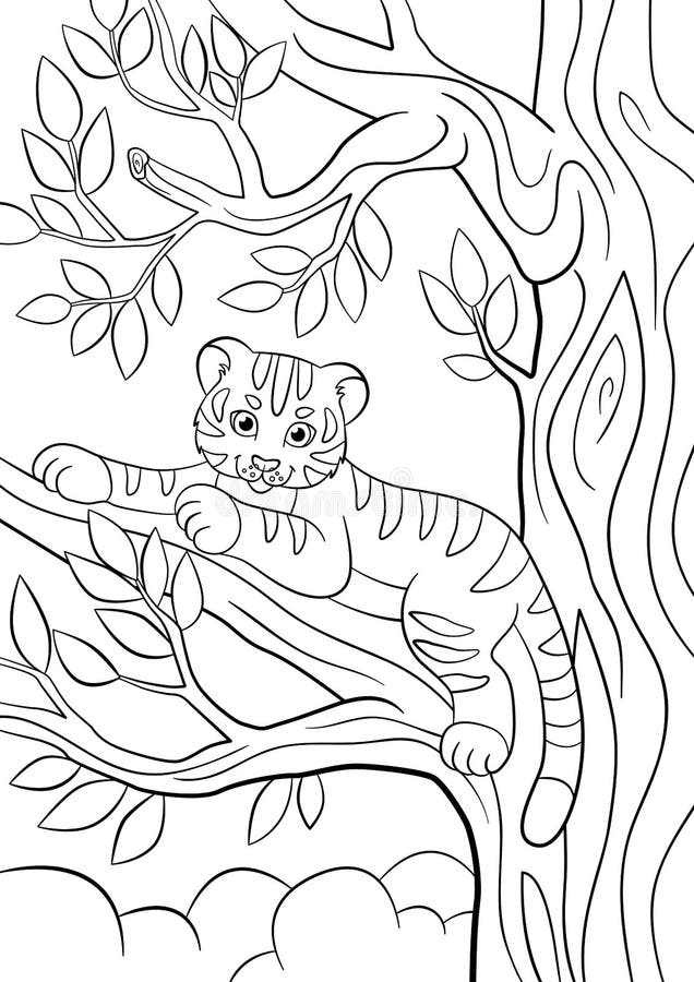 Coloring pages. Wild animals. Little cute baby tiger lays on the tree branch and smiles. Coloring pages. Wild animals. Little cute baby tiger lays on the tree branch and smiles.