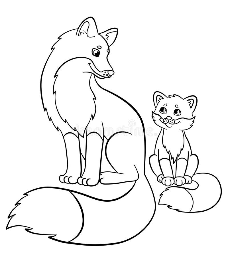 Coloring Pages. Wild Animals. Mother Fox With Her Little Cute Baby. Stock Vector - Illustration ...