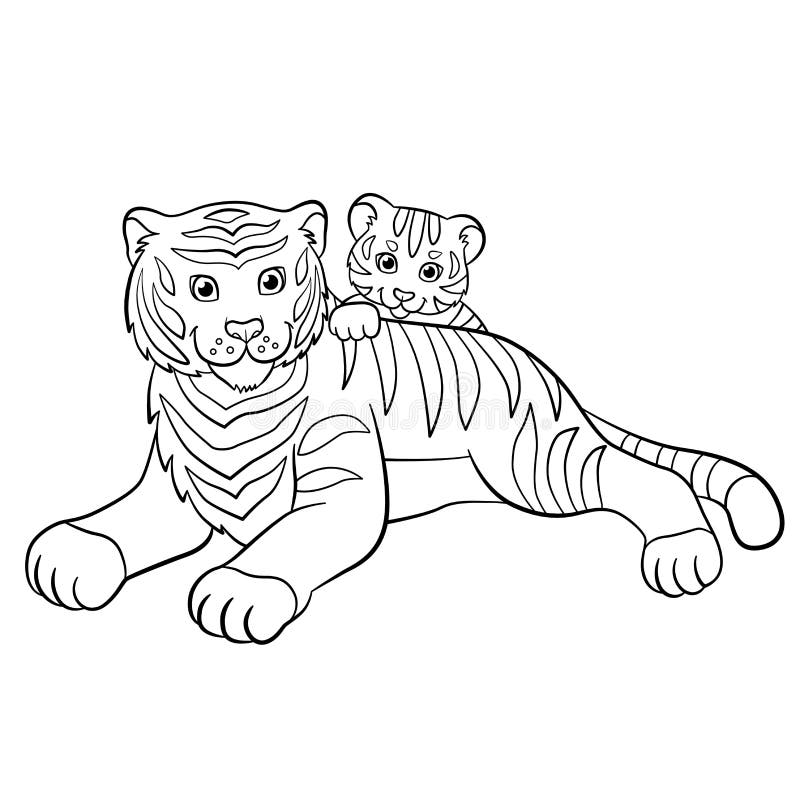 Coloring pages. Wild animals. Smiling mother tiger with her little cute baby tiger. Coloring pages. Wild animals. Smiling mother tiger with her little cute baby tiger.