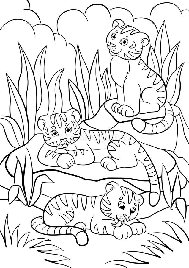 Coloring pages. Wild animals. Three little cute baby tigers in the forest. Coloring pages. Wild animals. Three little cute baby tigers in the forest.