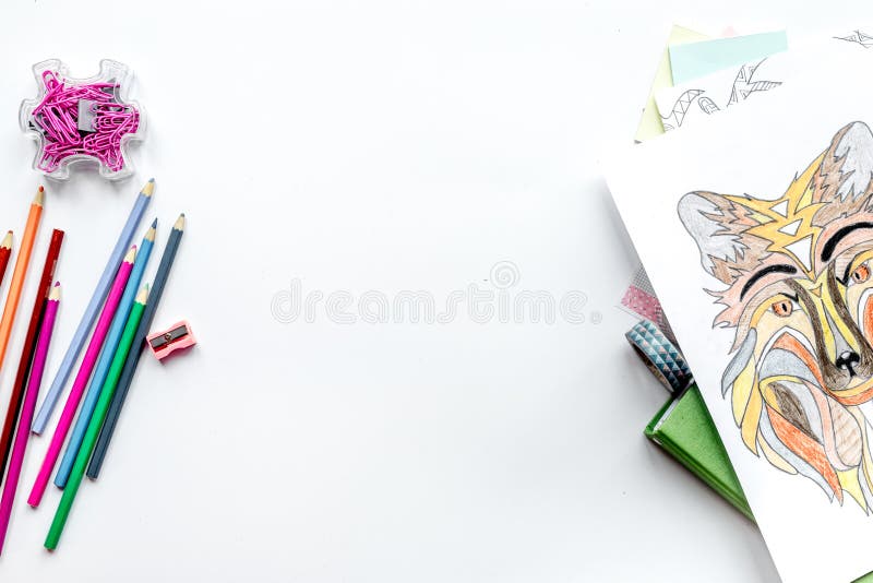 Coloring picture for adults on white background top view mockup stock photos Coloring picture for adults on white background top view mockup stock photos