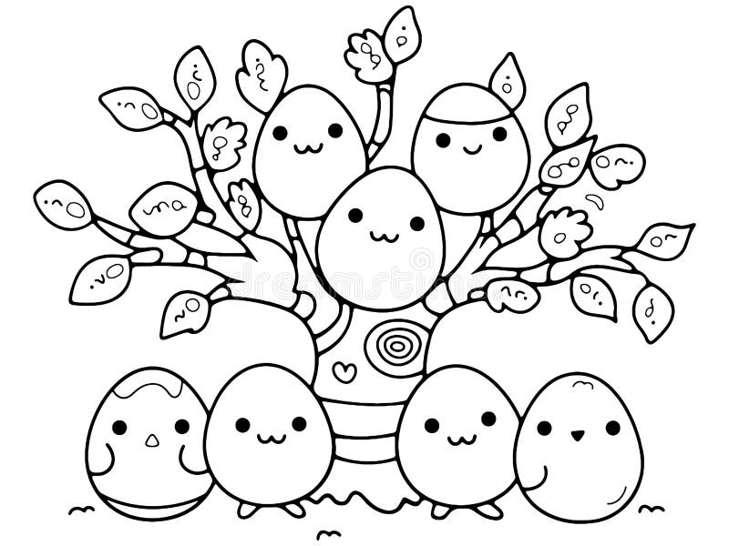 Coloring, Tree with Easter Eggs. Character Face. Vector, Generative Ai
