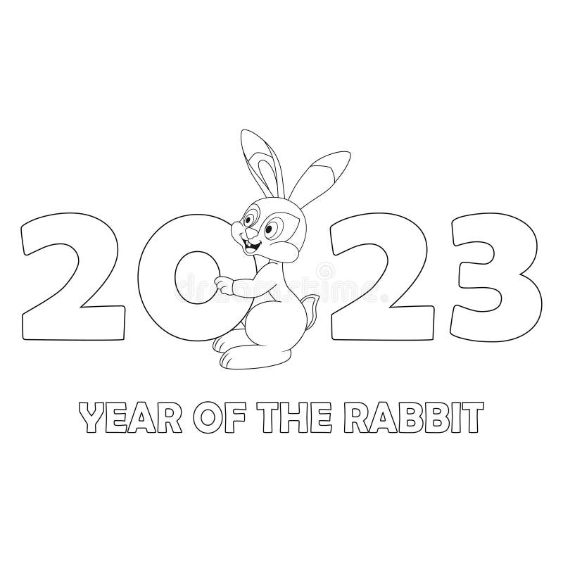 Colorless Cartoon Rabbit Holding Number. Black and White Template Page