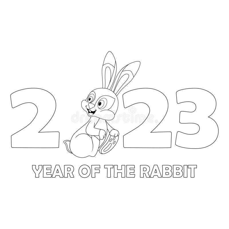 Colorless Cartoon Rabbit Sitting among Numbers 2023. Black and White