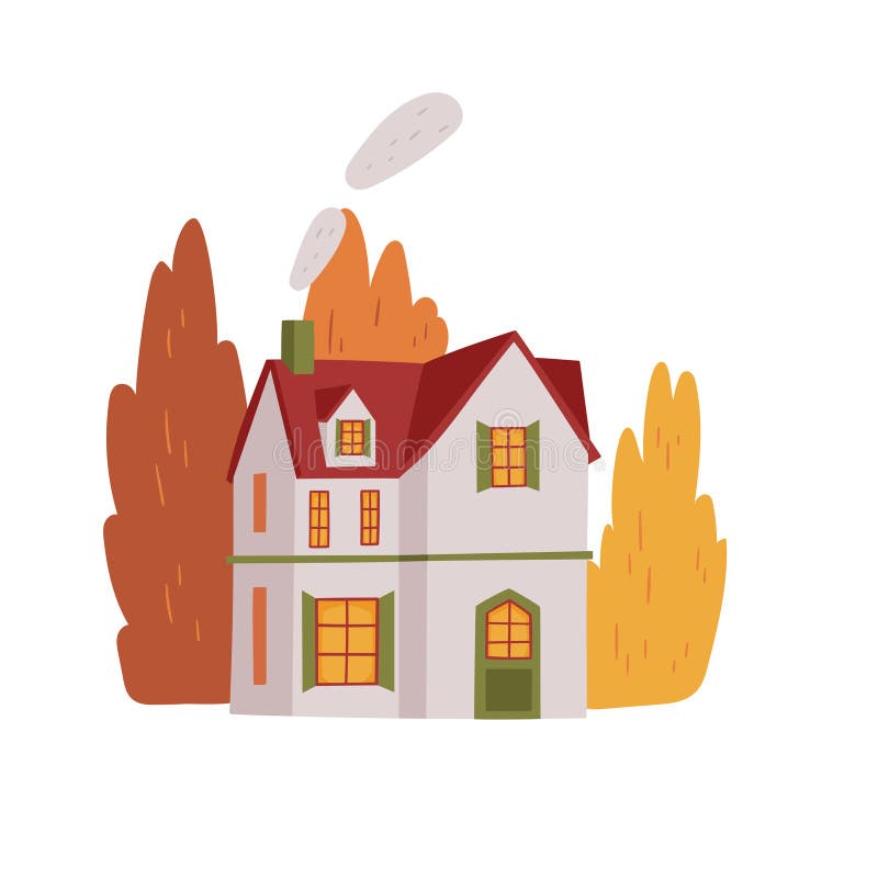 Vector hand-drawn illustration of a house with trees. Sketch of a cozy autumn landscape. vector illustration