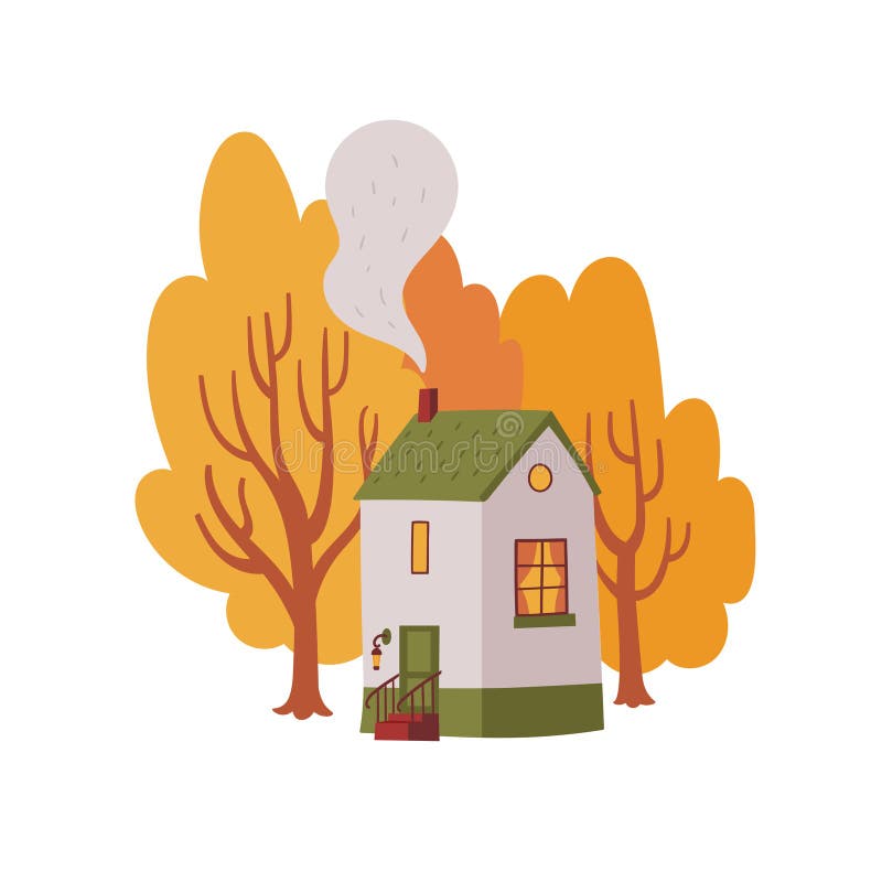 Vector hand-drawn illustration of a house with trees. Sketch of a cozy autumn landscape. stock illustration